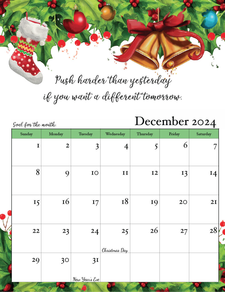 December 2024 free printable monthly motivational calendar