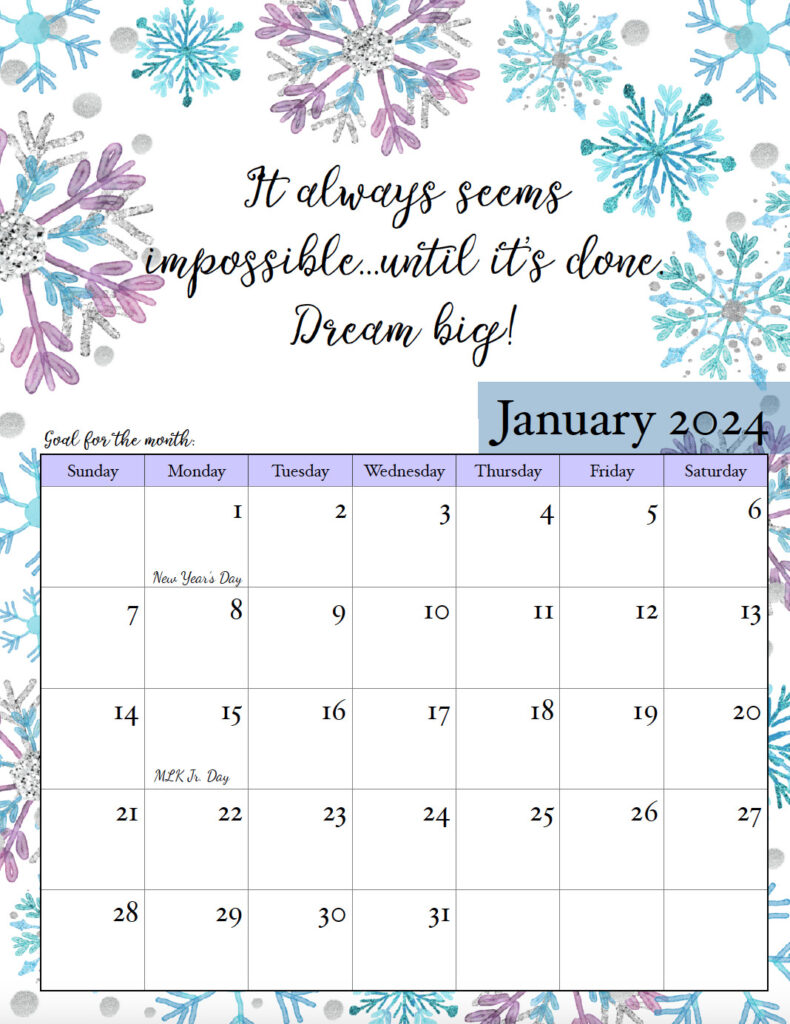 January 2024 free printable monthly motivational calendar