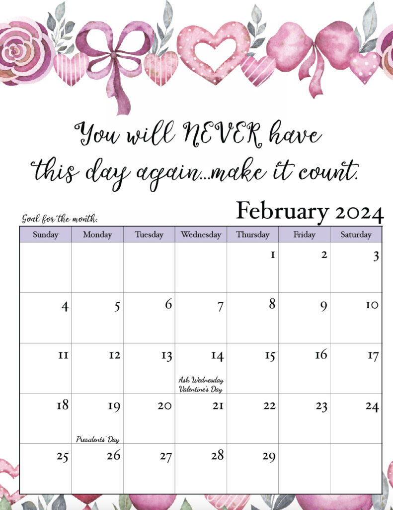 February 2024 free printable monthly motivational calendar