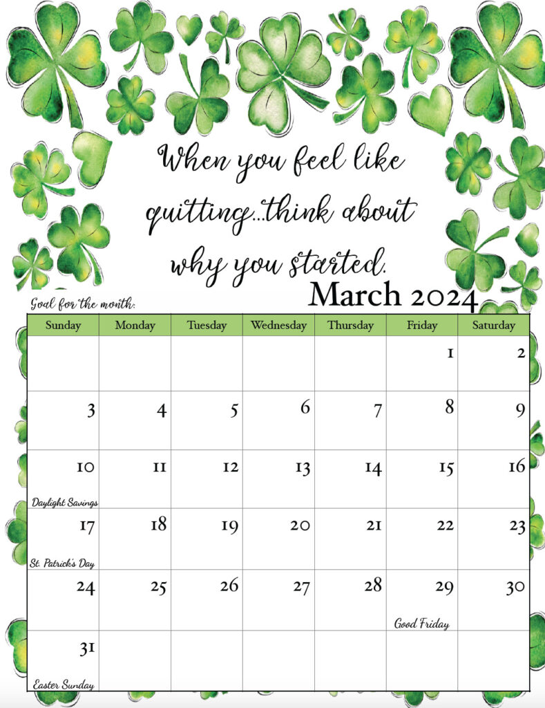 March 2024 free printable monthly motivational calendar