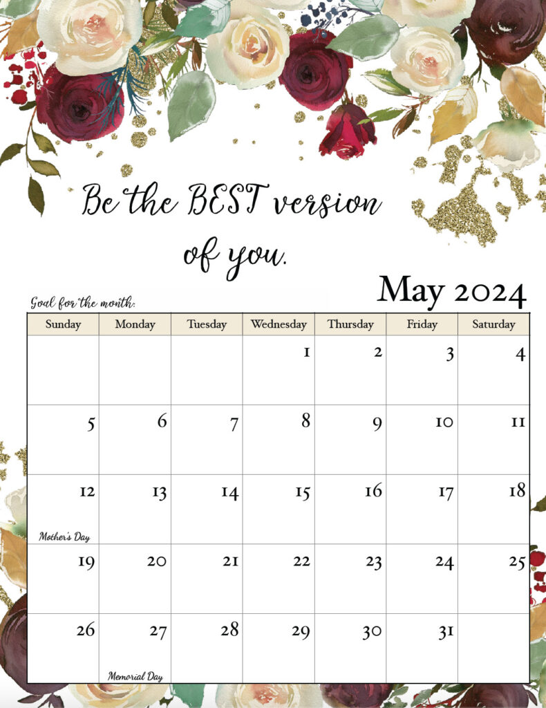 May 2024 free printable monthly motivational calendar