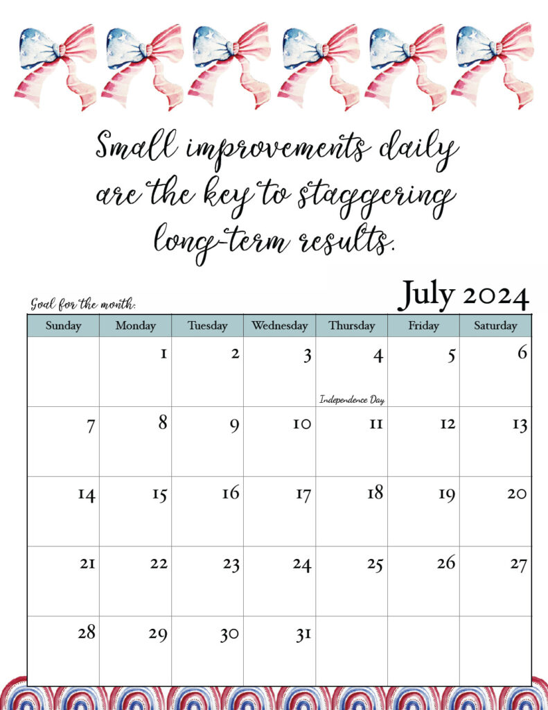 July 2024 free printable monthly motivational calendar
