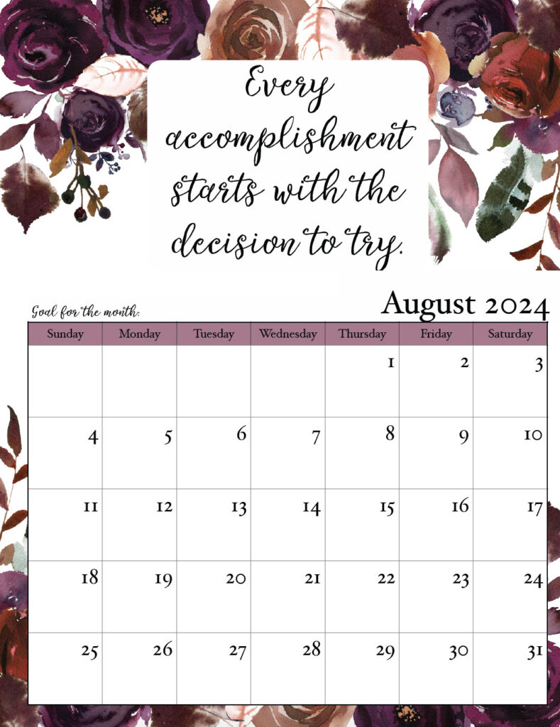 August 2024 free printable monthly motivational calendar