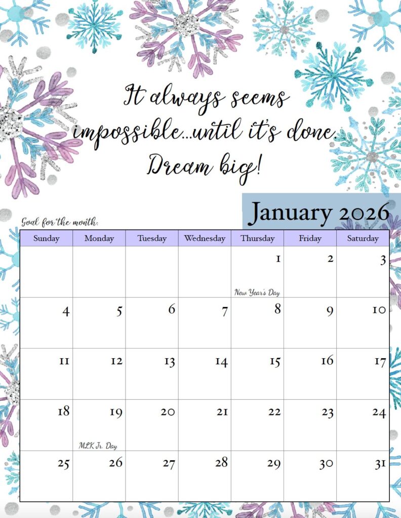 January 2026 Monthly Motivational Calendar