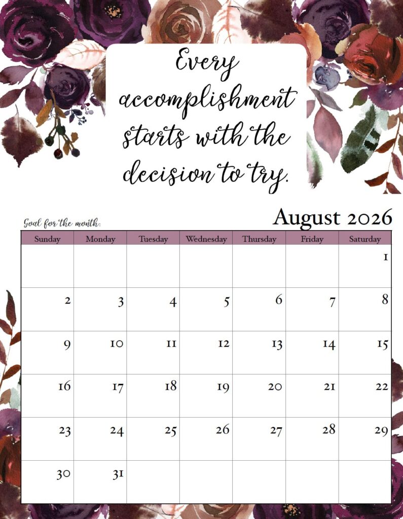 August 2026 Monthly Motivational Calendar