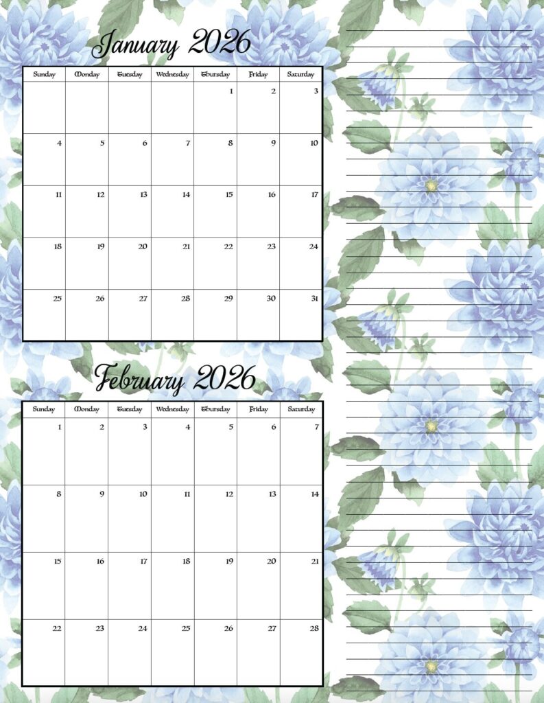 January & February floral theme free printable 2026 bimonthly calendars