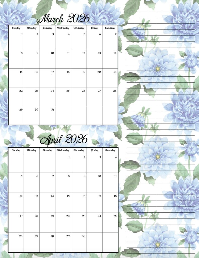 March & April floral theme free printable 2026 bimonthly calendars