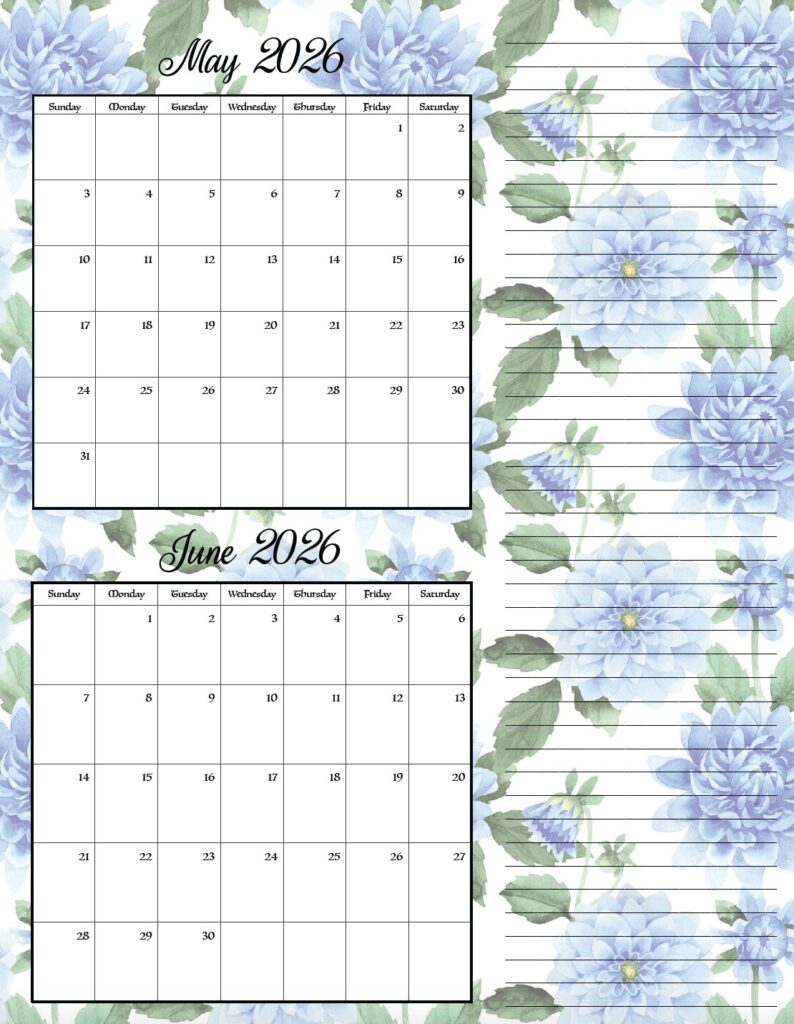 May & June floral theme free printable 2026 bimonthly calendars