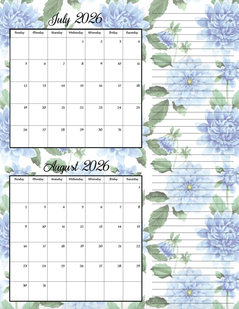 July & August floral theme free printable 2026 bimonthly calendars
