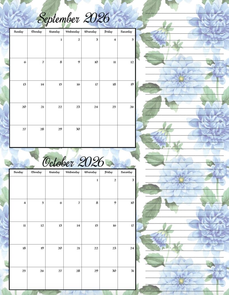 September & October floral theme free printable 2026 bimonthly calendars