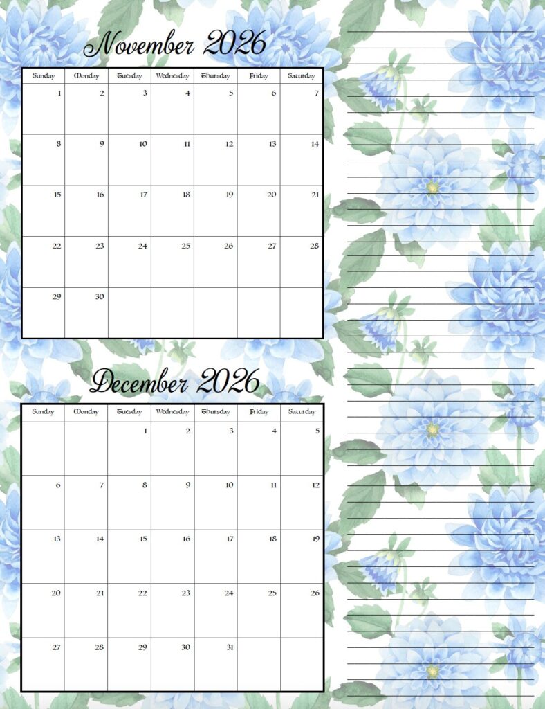 November & December floral theme free printable 2026 bimonthly calendars