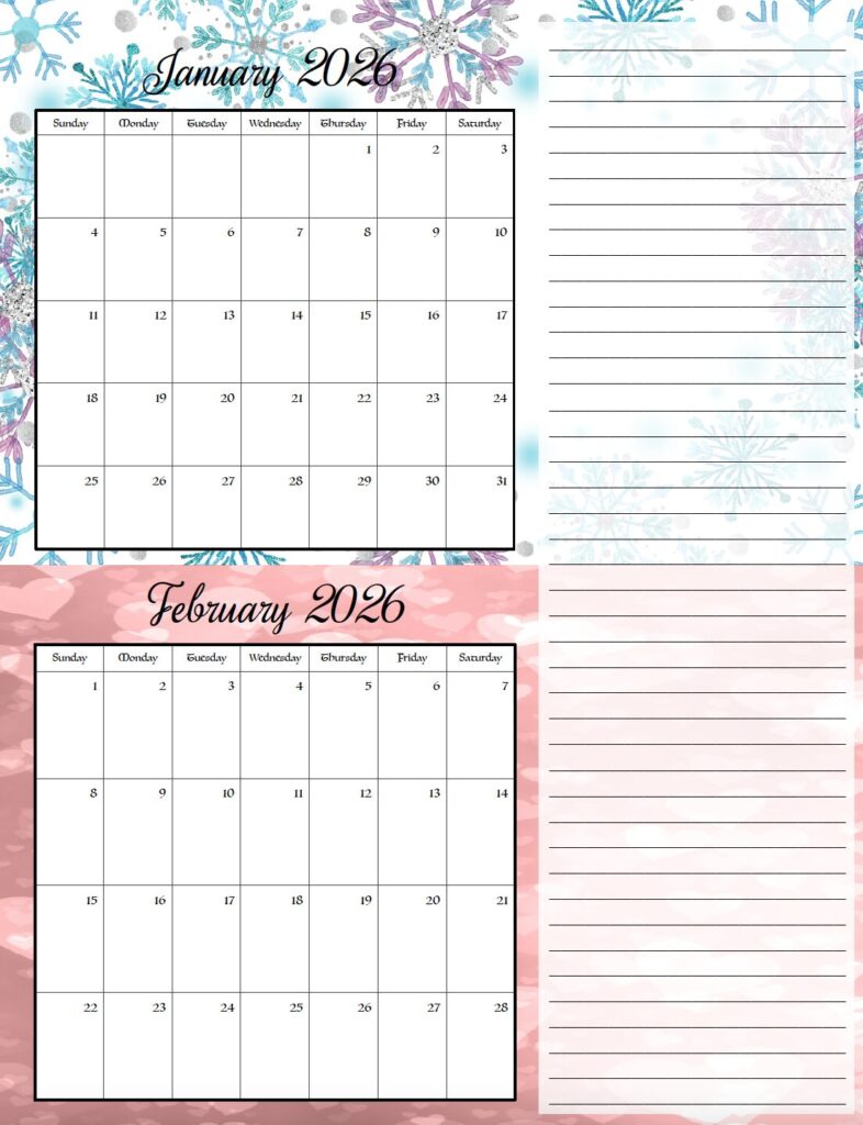 January & February Holiday theme free printable 2026 bimonthly calendars