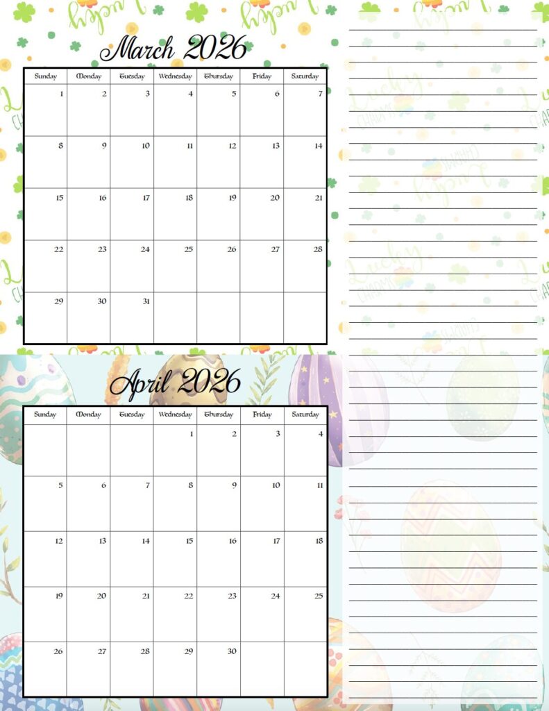 March & April Holiday theme free printable 2026 bimonthly calendars