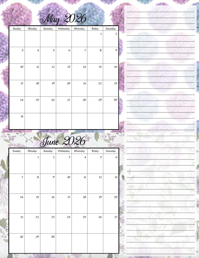 May & June Holiday theme free printable 2026 bimonthly calendars