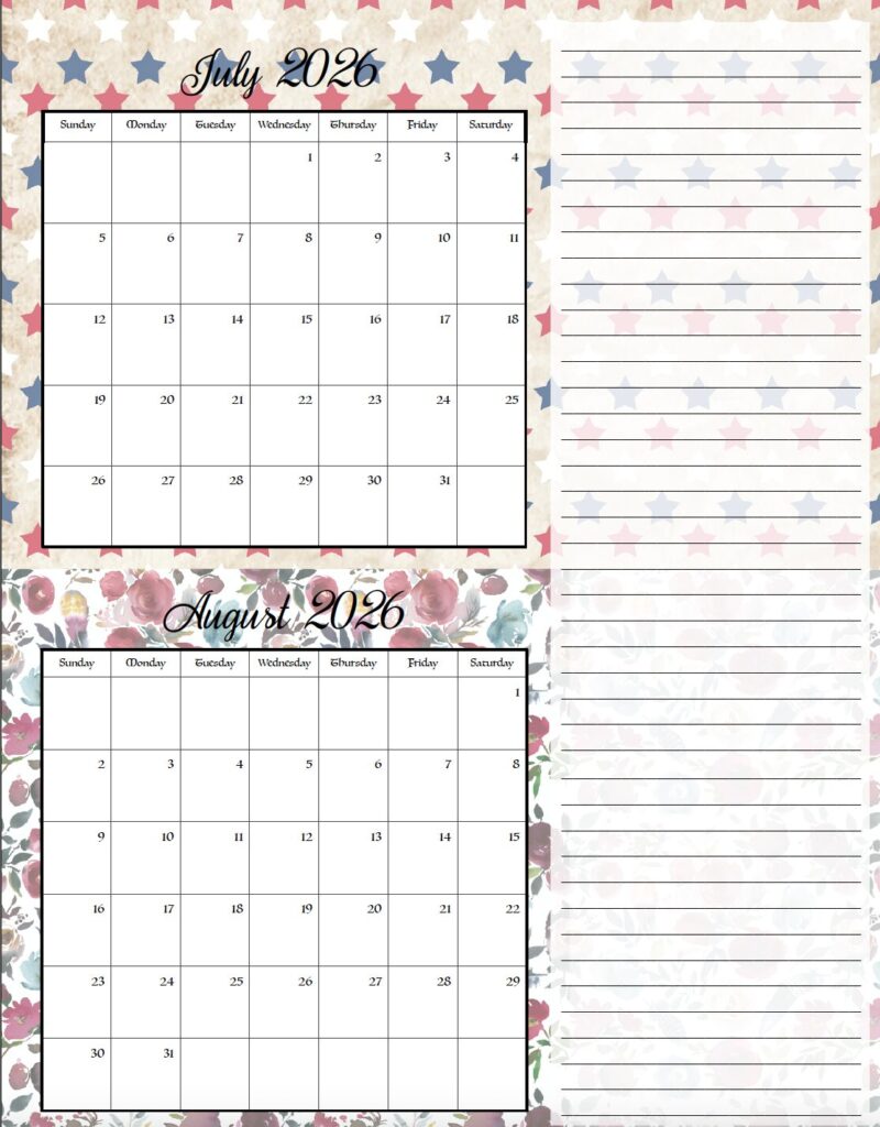 July & August Holiday theme free printable 2026 bimonthly calendars
