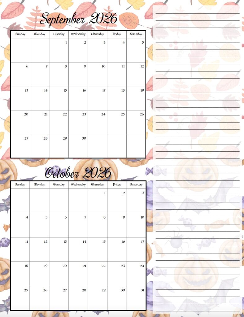September & October Holiday theme free printable 2026 bimonthly calendars