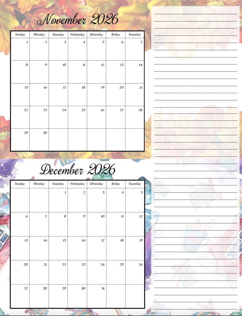 November & December Holiday theme free printable 2026 bimonthly calendars