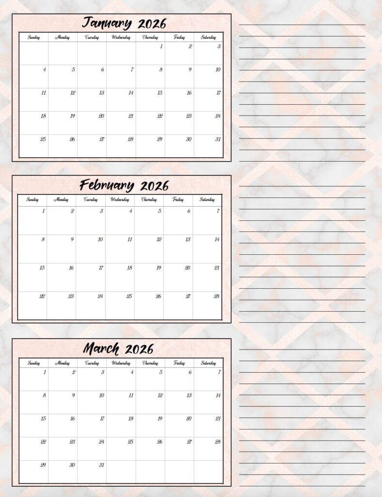 Jan-March 2026 quarterly calendar gray and pink marble theme