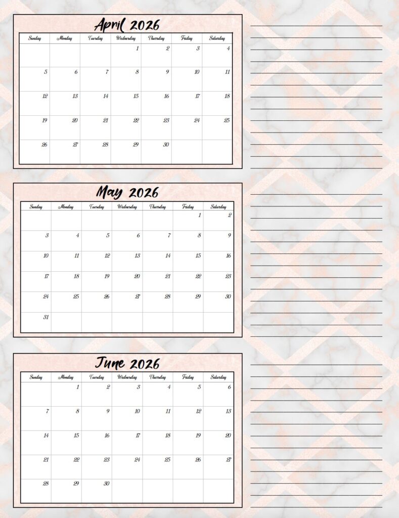 Apr-June 2026 quarterly calendar gray and pink marble theme