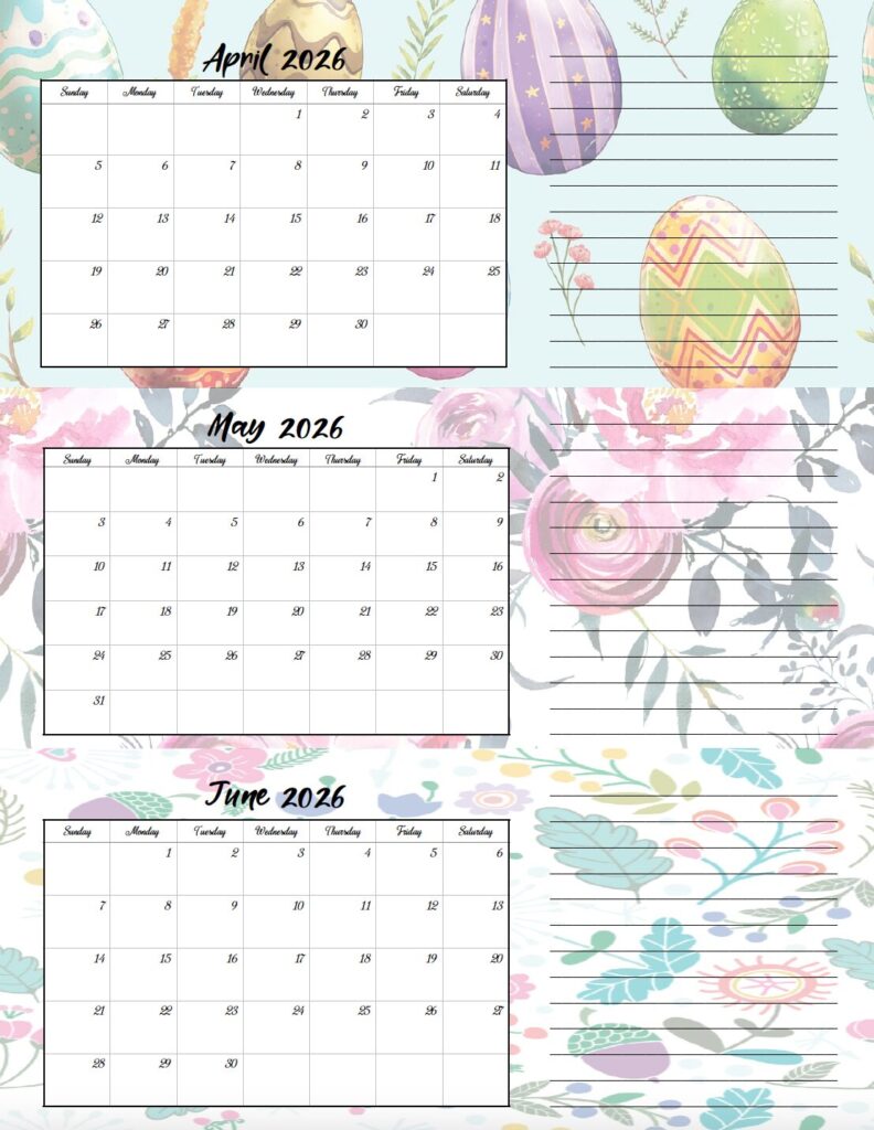 Apr-June 2026 quarterly calendar holiday theme
