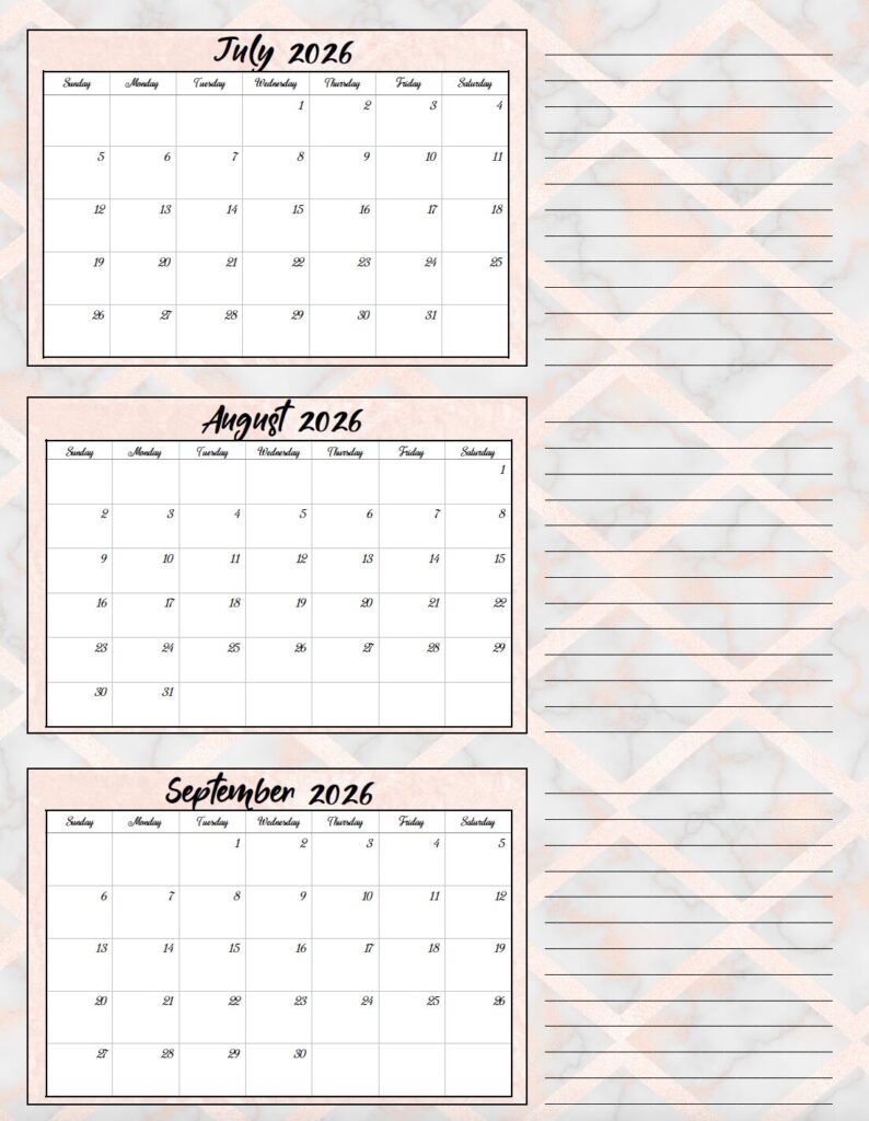 July-Sept 2026 quarterly calendar gray and pink marble theme