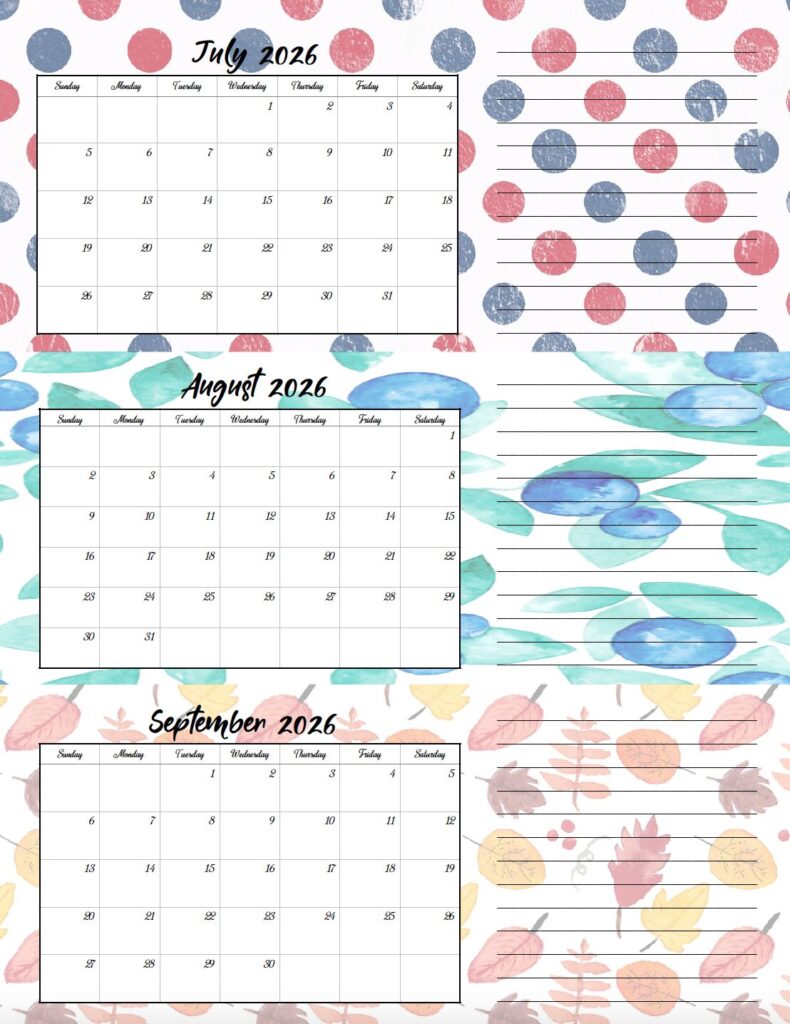 July-Sept 2026 quarterly calendar holiday theme