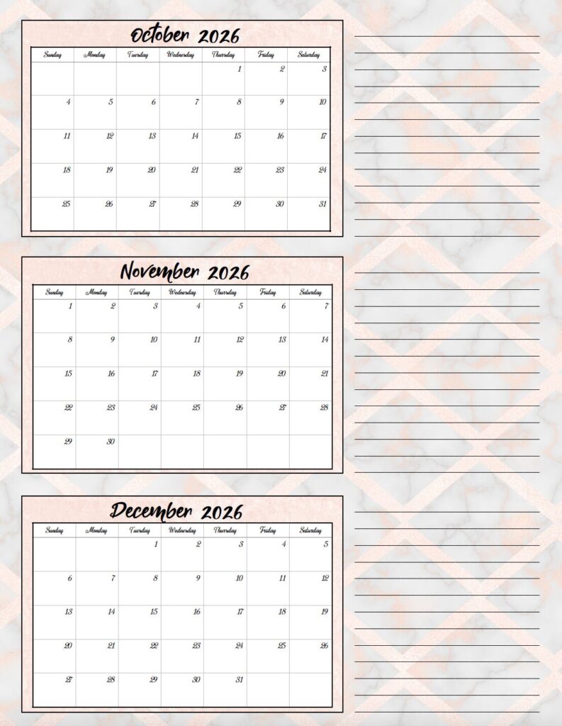 Oct-Dec 2026 quarterly calendar gray and pink marble theme