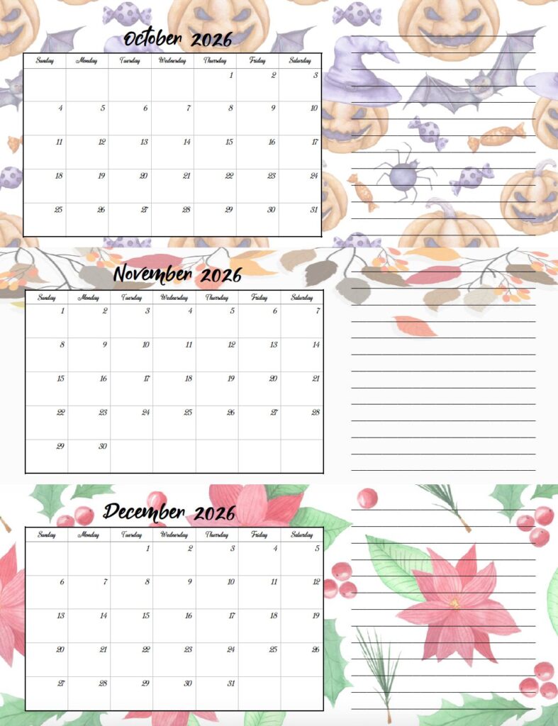 Oct-Dec 2026 quarterly calendar holiday theme
