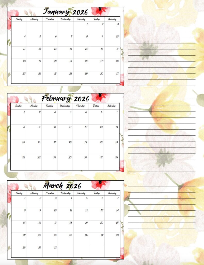 Jan-Mar 2026 quarterly calendar yellow & red floral theme
