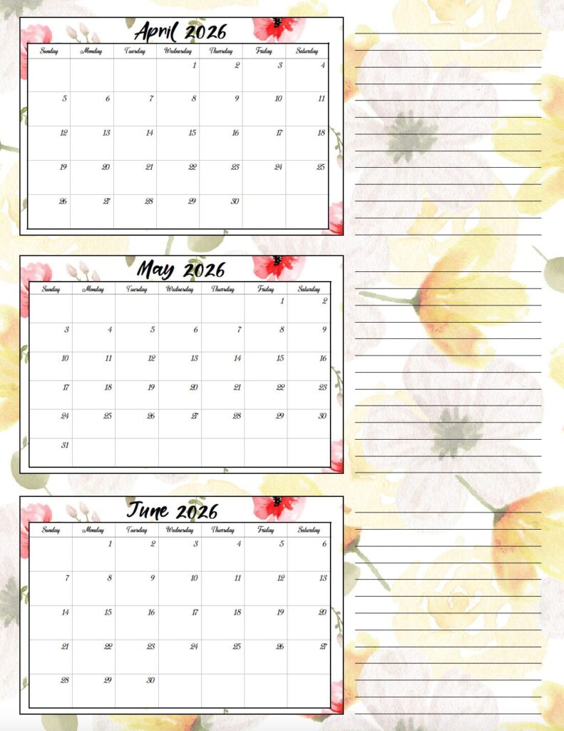 April-June 2026 quarterly calendar yellow & red floral theme