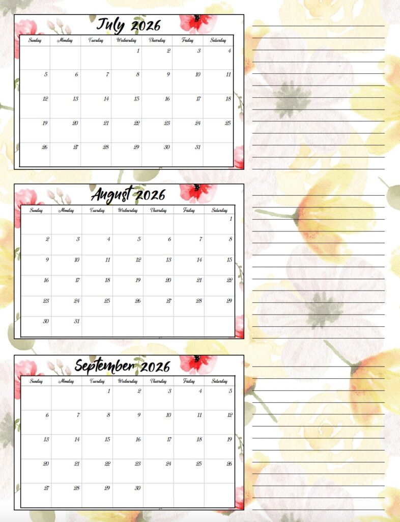 July-Sept 2026 quarterly calendar yellow & red floral theme