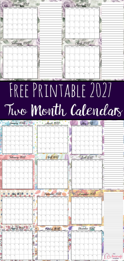 Free printable 2027 two month calendars in PDF format. Choose from a beautiful floral design or a festive holiday-themed calendar. Two months per page for easy planning, scheduling, appointments, and organization.
