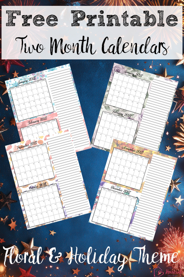 Free printable 2027 two month calendars in PDF format. Choose from a beautiful floral design or a festive holiday-themed calendar. Two months per page for easy planning, scheduling, appointments, and organization.