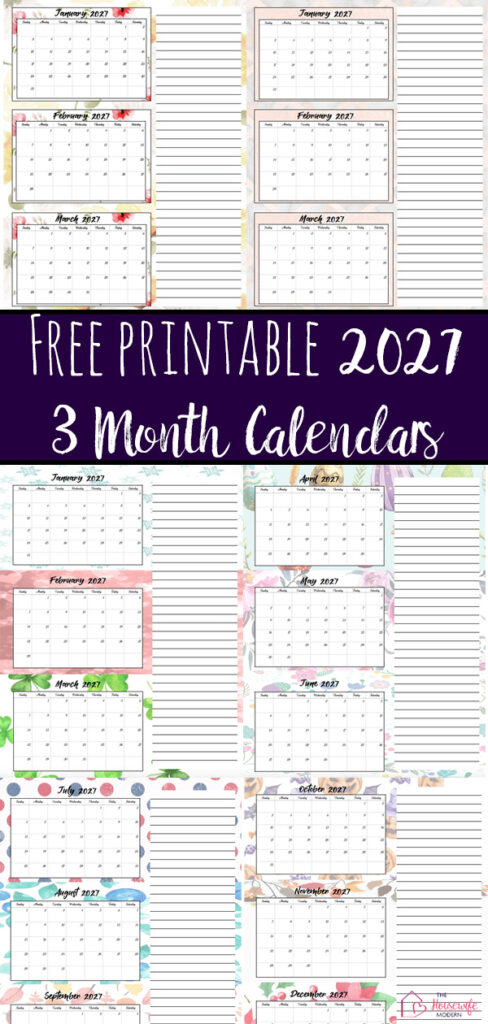 Download free printable 2027 three month calendars in PDF format! These printable quarterly calendars include beautiful floral, holiday-themed, and elegant rose gold marble designs. Perfect for planning at home, school, or the office.