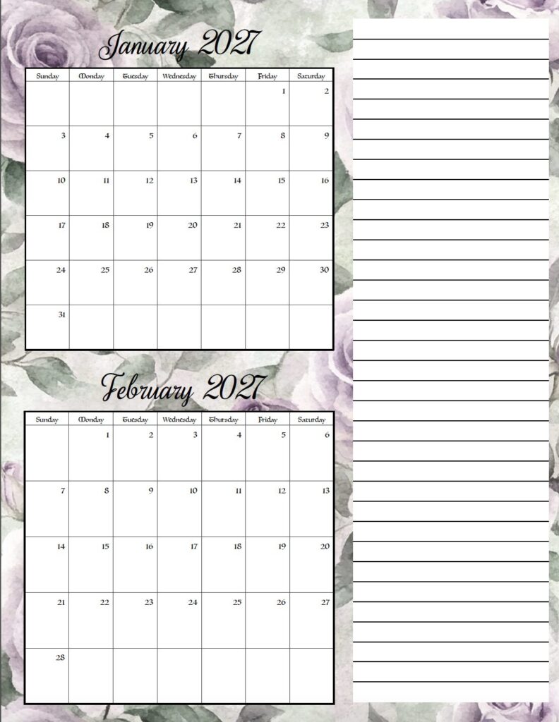 Download this free printable 2027 floral calendar featuring elegant purple flowers and two months per page. Perfect for organizing appointments, work schedules, school activities, birthdays, holidays, and everyday planning