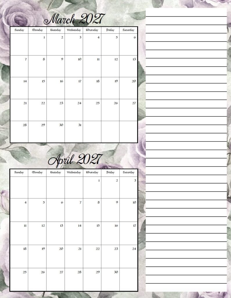 Download this free printable 2027 floral calendar featuring elegant purple flowers and two months per page. Perfect for organizing appointments, work schedules, school activities, birthdays, holidays, and everyday planning