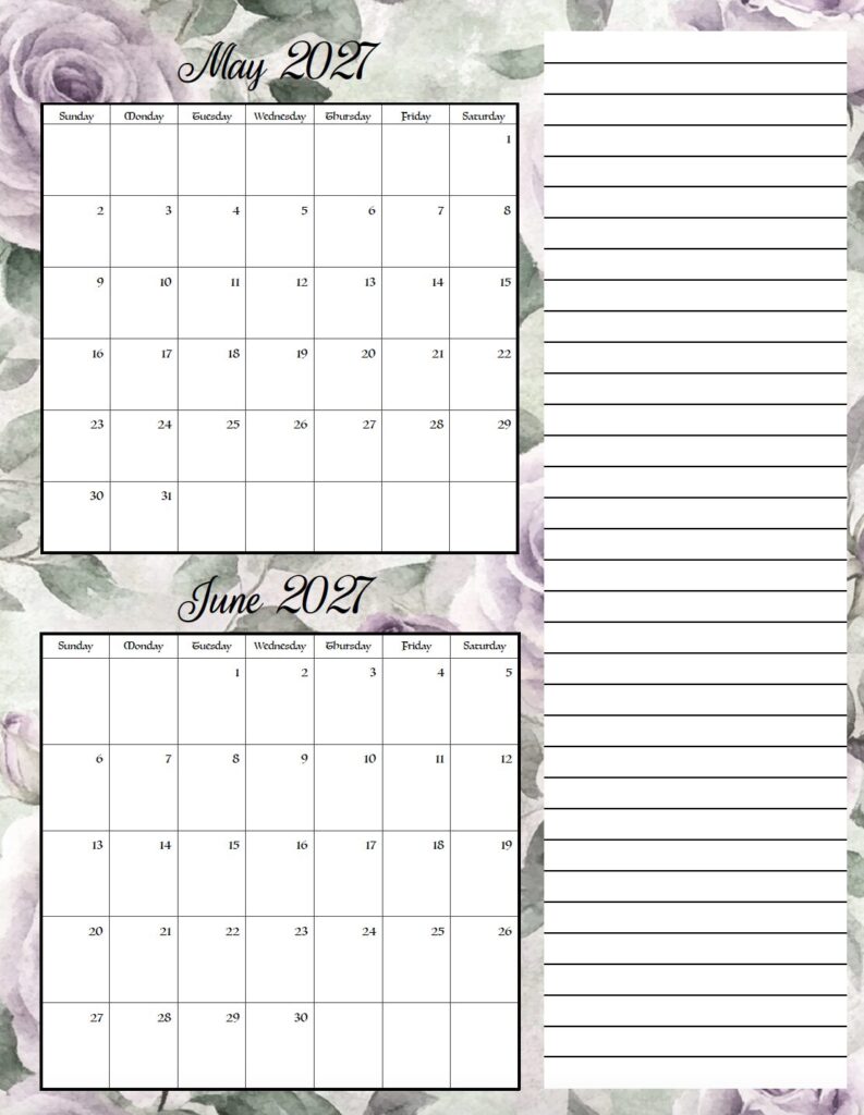 Download this free printable 2027 floral calendar featuring elegant purple flowers and two months per page. Perfect for organizing appointments, work schedules, school activities, birthdays, holidays, and everyday planning