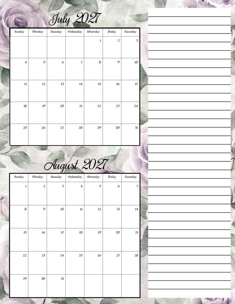 Download this free printable 2027 floral calendar featuring elegant purple flowers and two months per page. Perfect for organizing appointments, work schedules, school activities, birthdays, holidays, and everyday planning