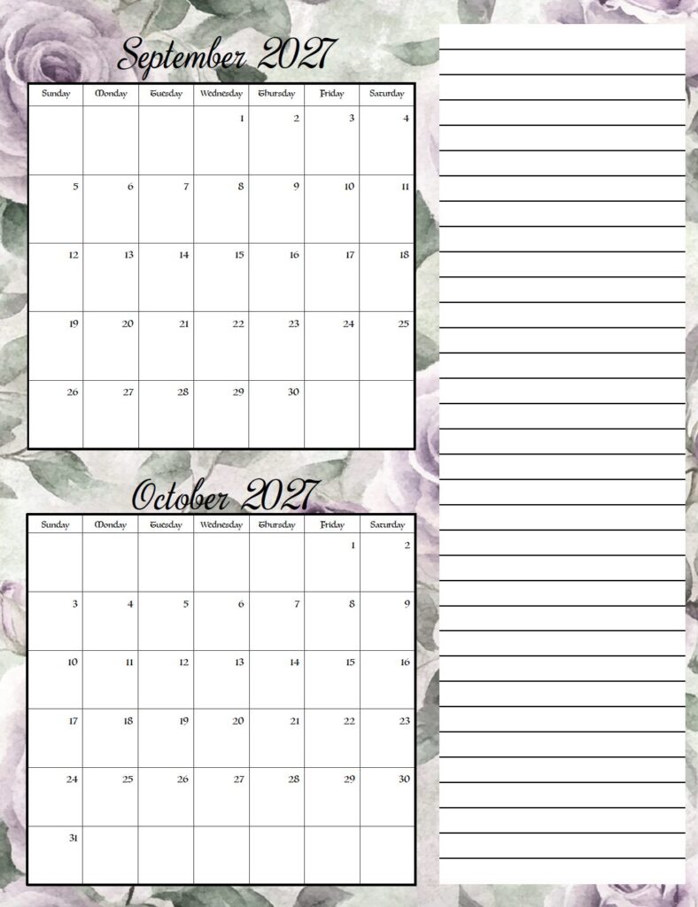 Download this free printable 2027 floral calendar featuring elegant purple flowers and two months per page. Perfect for organizing appointments, work schedules, school activities, birthdays, holidays, and everyday planning