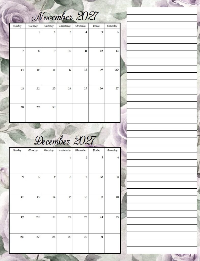 Download this free printable 2027 floral calendar featuring elegant purple flowers and two months per page. Perfect for organizing appointments, work schedules, school activities, birthdays, holidays, and everyday planning