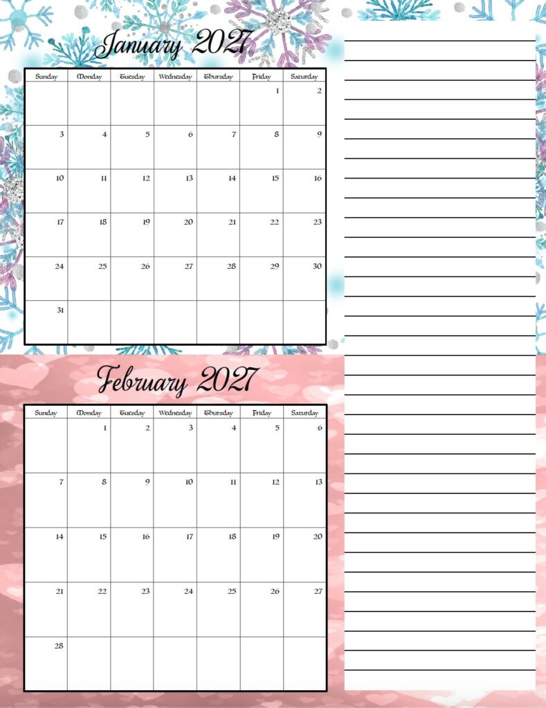 Download this free printable 2027 festive two month calendar with seasonal holiday designs for every time of year. Print two months per page to organize appointments, holidays, work schedules, school events, and family plans.