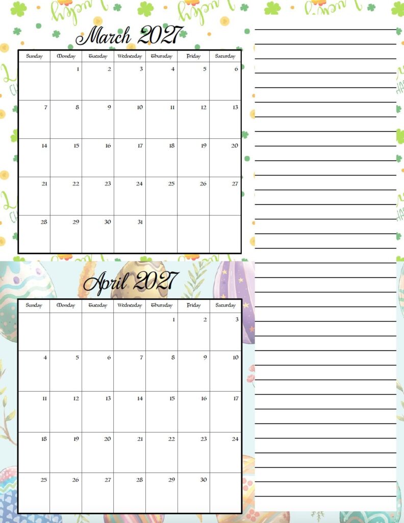 Download this free printable 2027 festive two month calendar with seasonal holiday designs for every time of year. Print two months per page to organize appointments, holidays, work schedules, school events, and family plans.