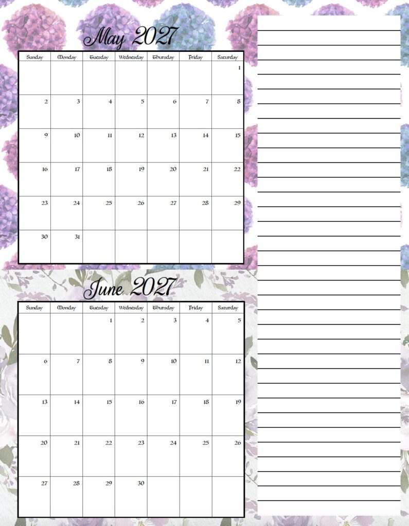 Download this free printable 2027 festive two month calendar with seasonal holiday designs for every time of year. Print two months per page to organize appointments, holidays, work schedules, school events, and family plans.