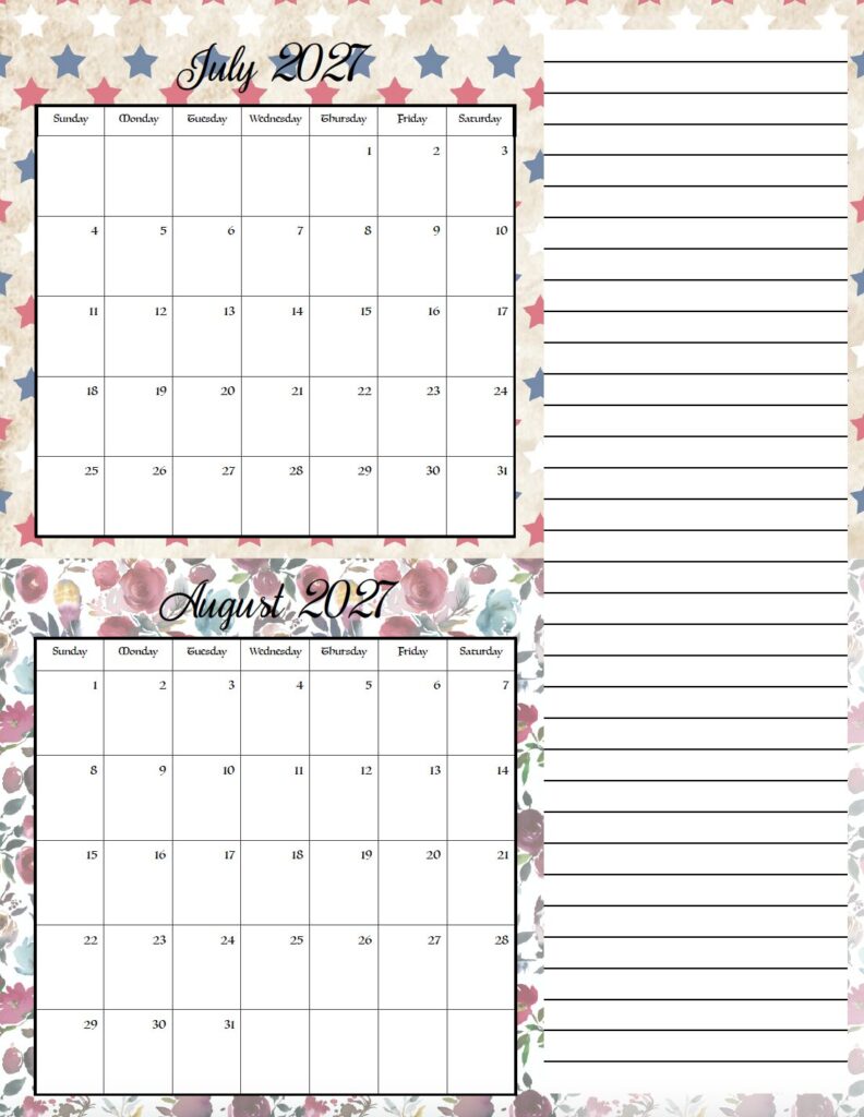 Download this free printable 2027 festive two month calendar with seasonal holiday designs for every time of year. Print two months per page to organize appointments, holidays, work schedules, school events, and family plans.
