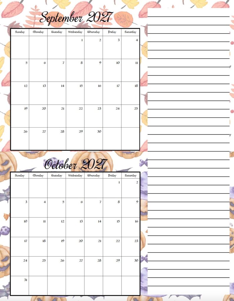 Download this free printable 2027 festive two month calendar with seasonal holiday designs for every time of year. Print two months per page to organize appointments, holidays, work schedules, school events, and family plans.