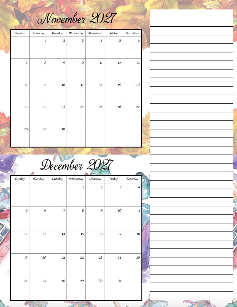 Download this free printable 2027 festive two month calendar with seasonal holiday designs for every time of year. Print two months per page to organize appointments, holidays, work schedules, school events, and family plans.