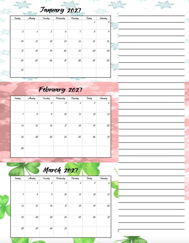 Download a free printable 2027 holiday-themed three month calendar PDF featuring seasonal backgrounds throughout the year. This printable quarterly calendar is perfect for planning appointments, events, and holidays.