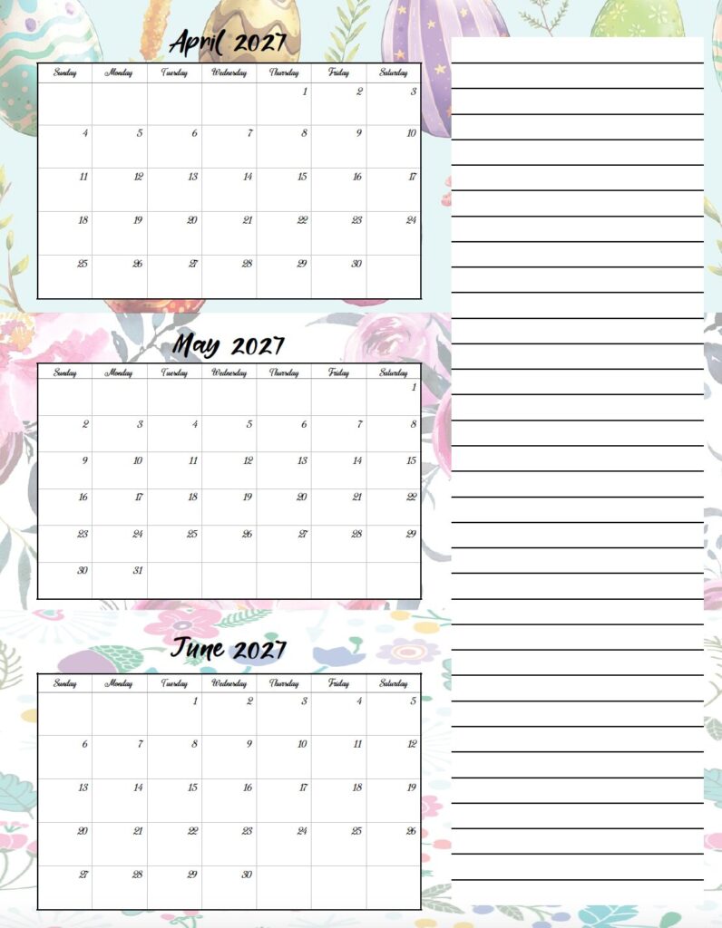 Download a free printable 2027 holiday-themed three month calendar PDF featuring seasonal backgrounds throughout the year. This printable quarterly calendar is perfect for planning appointments, events, and holidays.