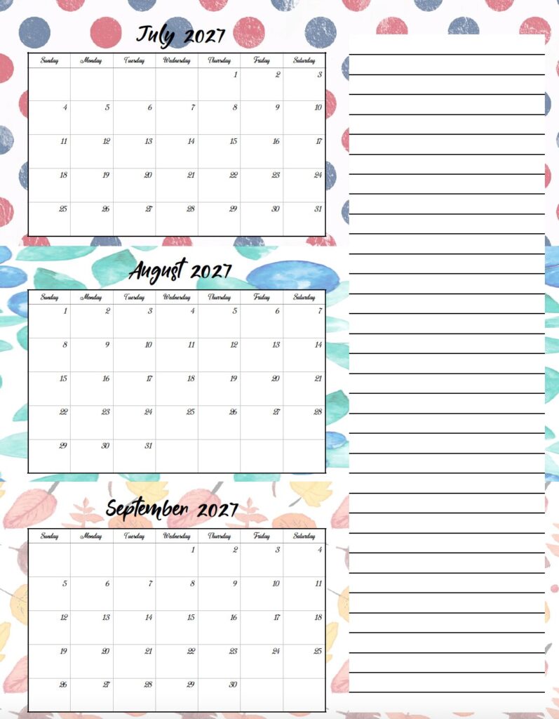 Download a free printable 2027 holiday-themed three month calendar PDF featuring seasonal backgrounds throughout the year. This printable quarterly calendar is perfect for planning appointments, events, and holidays.