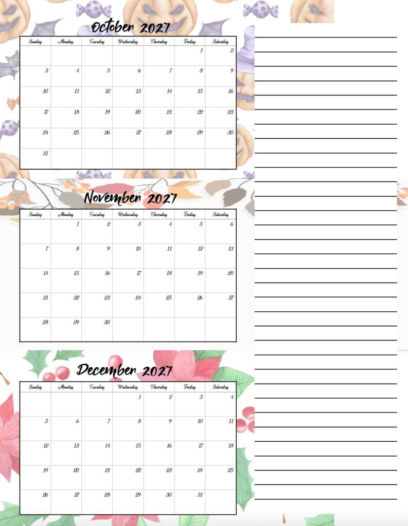 Download a free printable 2027 holiday-themed three month calendar PDF featuring seasonal backgrounds throughout the year. This printable quarterly calendar is perfect for planning appointments, events, and holidays.